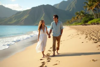 Couple profitant d'un coucher de soleil sur une plage d'Hawaï