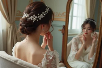 Tresse chignon de mariage ornée d'accessoires délicats et élégants