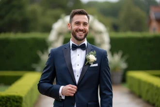 Rose écarlate épinglée sur une veste de costume lors d'un mariage
