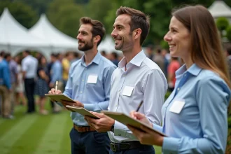 Trois animateurs entourés de cent participants en désordre