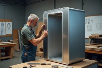 Photobooth en bois et métal avec éléments électroniques intégrés