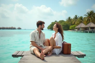 Couple en voyage de noces sur une plage paradisiaque