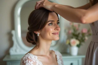 Chignon de mariage élégant avec fleurs et accessoires raffinés