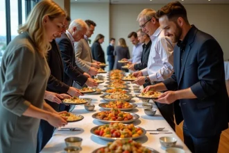 Buffet coloré avec plats variés pour 50 convives