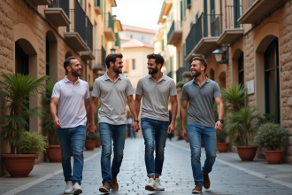 Groupe d'amis dans une rue pavée en Europe