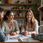 Groupe de couples en tenue chic discutant autour d'une table chaleureuse