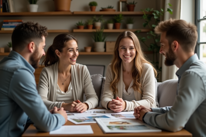 Groupe de couples en tenue chic discutant autour d'une table chaleureuse