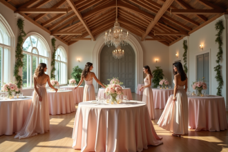 Groupe de personnes élégantes préparant des centres de table