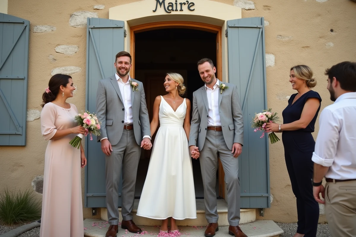 Groupe de mariés et témoins sur les marches de la mairie d'un village français après la cérémonie de mariage civil, façade en pierre et panneau Mairie visible
