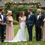 Groupe de jeunes et seniors lors d'un mariage en plein air