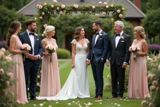 Groupe de jeunes et seniors lors d'un mariage en plein air