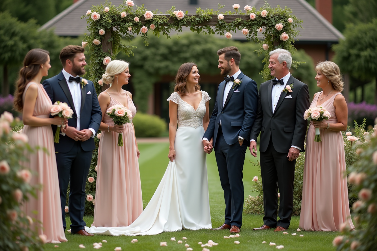 Groupe de jeunes et seniors lors d'un mariage en plein air