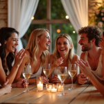 Groupe d'invités de mariage riant lors d'un jeu convivial