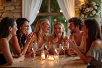 Groupe d'invités de mariage riant lors d'un jeu convivial