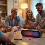 Groupe de personnes jouant à un jeu musical dans un salon lumineux