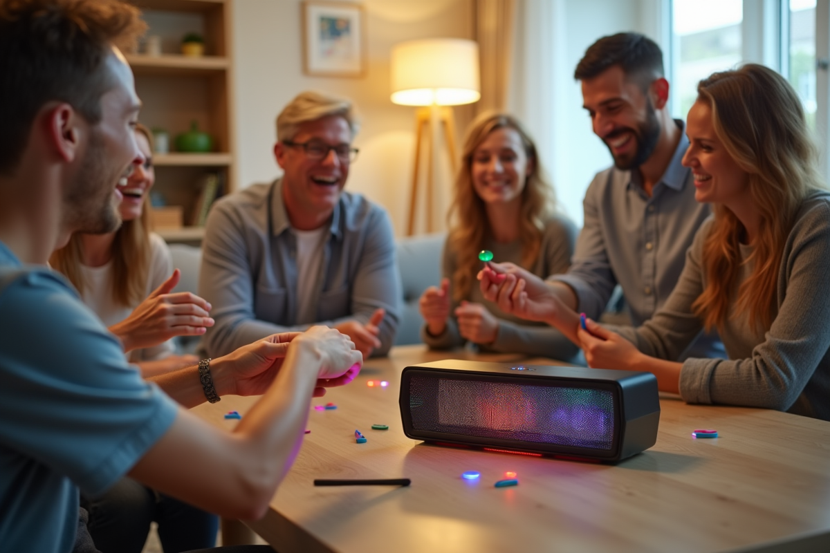 Groupe de personnes jouant à un jeu musical dans un salon lumineux