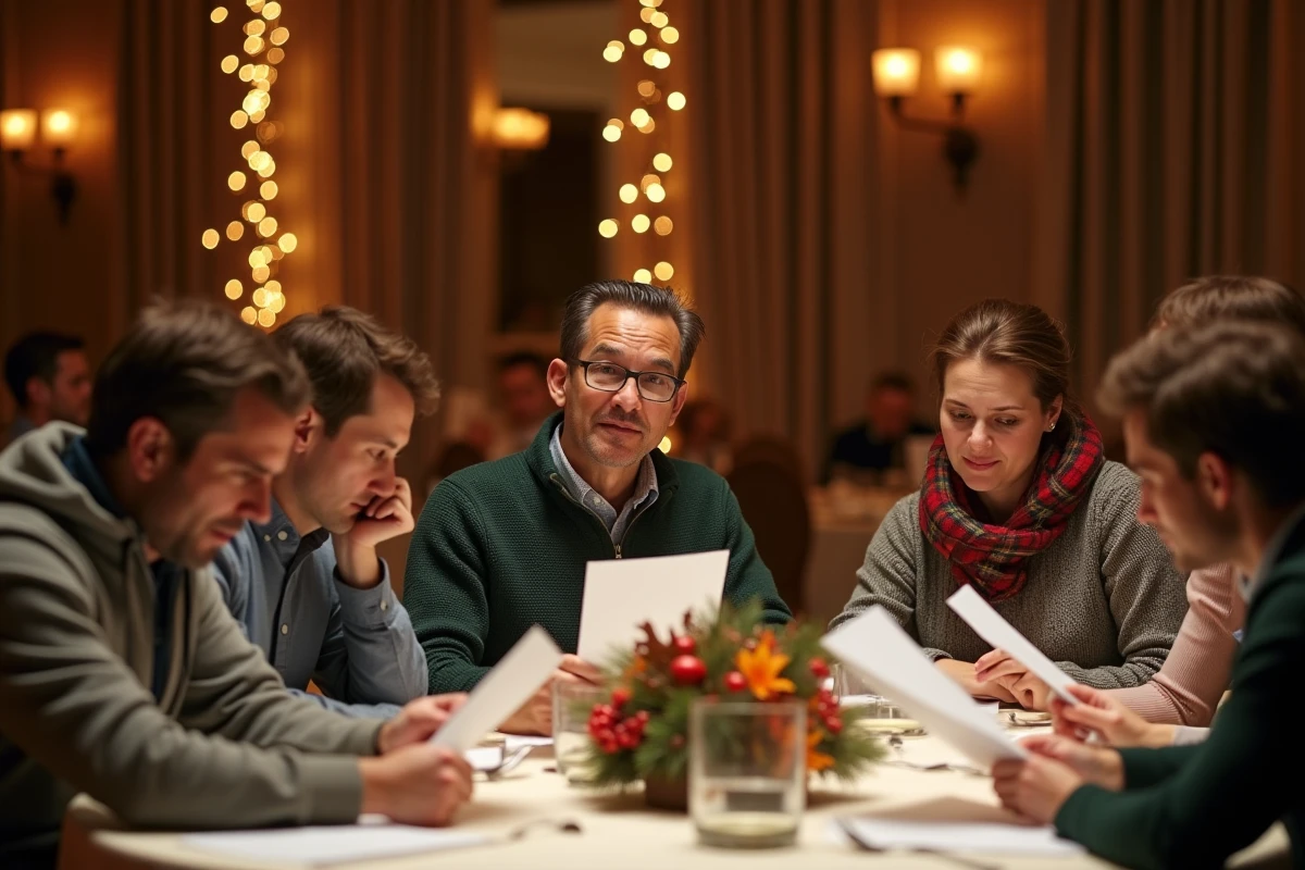 Groupe de participants perplexes autour d'une table lors d'un jeu d'animation raté en soirée d'entreprise
