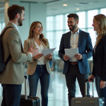Groupe de voyageurs discutant à l'aéroport avec valises