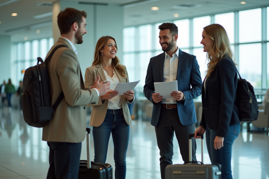 Groupe de voyageurs discutant à l'aéroport avec valises
