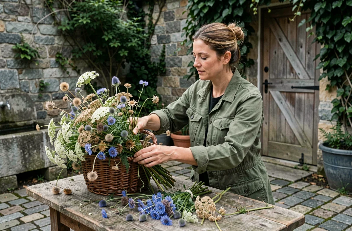 Fleuriste de L'Herbier Sauvage assemblant un bouquet de mariage sauvage avec chardons, bleuets et carotte sauvage dans une cour en granit