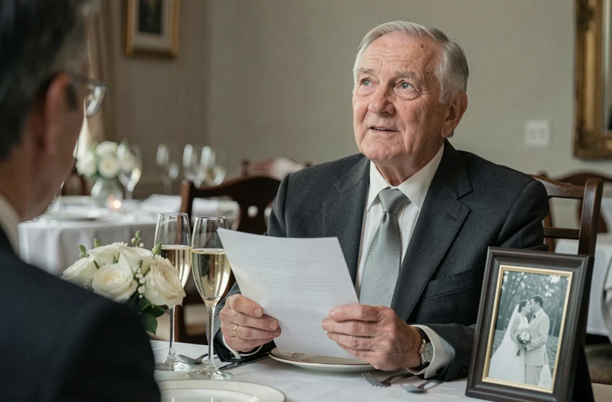 Homme âgé tenant un discours lors de son anniversaire de 50 ans de mariage, assis à une table ornée d'une photo de mariage et de fleurs blanches