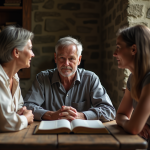 Homme méditatif avec Bible entre deux femmes dans un intérieur rustique