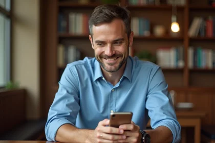 Homme en chemise bleue pense au café avec sourire doux