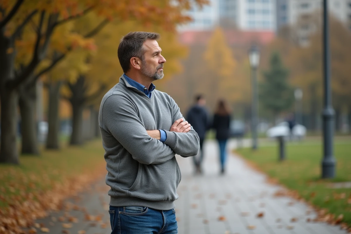 Homme en pull gris marche dans un parc urbain automne