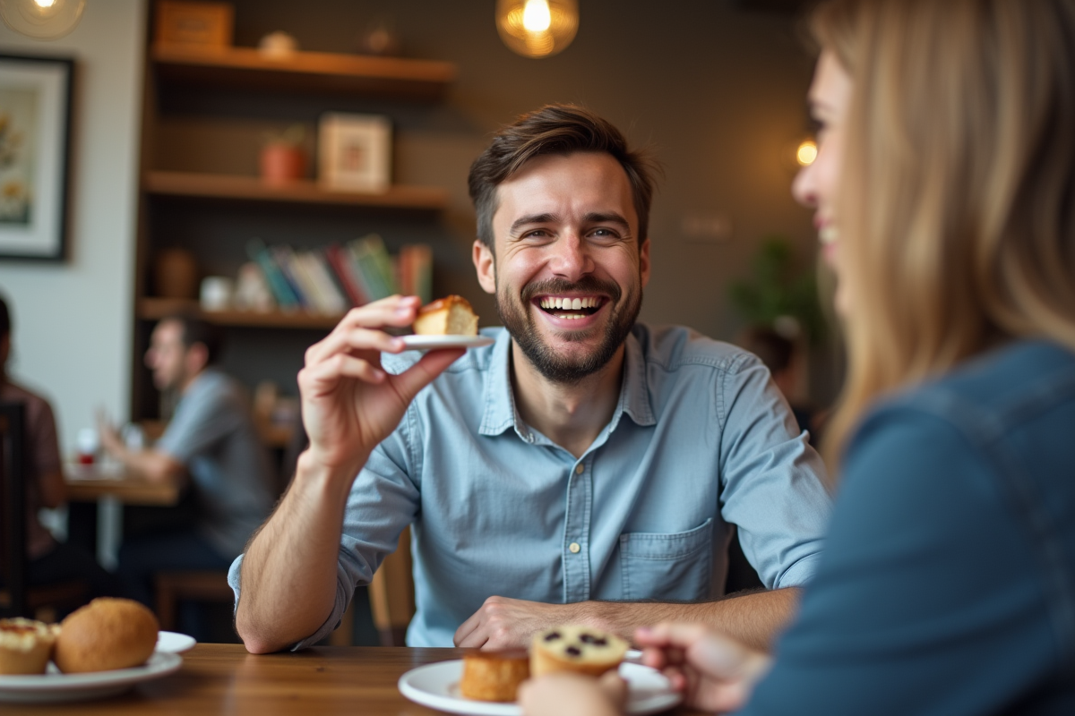Homme souriant avec dessert dans un restaurant cosy
