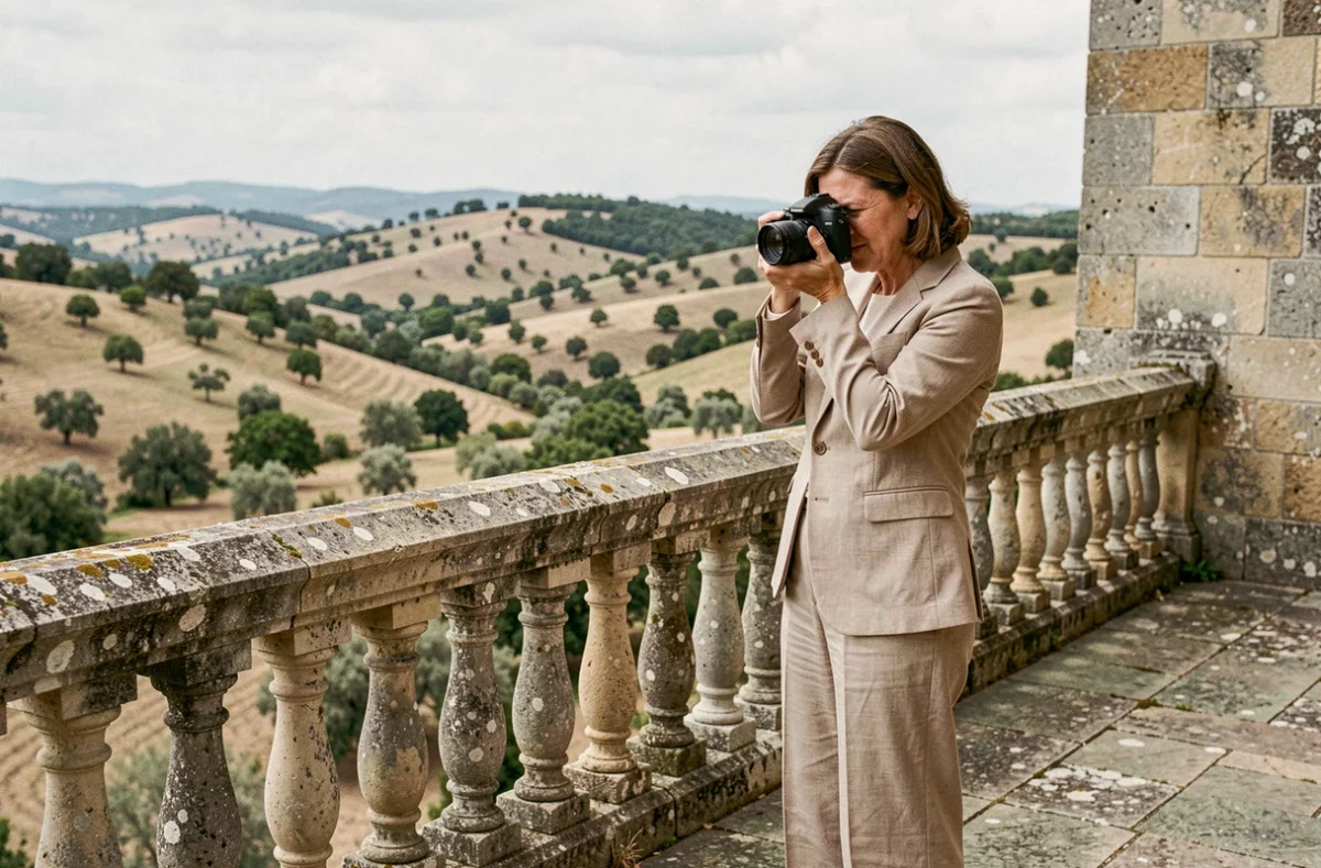 Isabelle Bazin sur une terrasse de château médiéval dans l'Hérault examinant ses photographies de mariage
