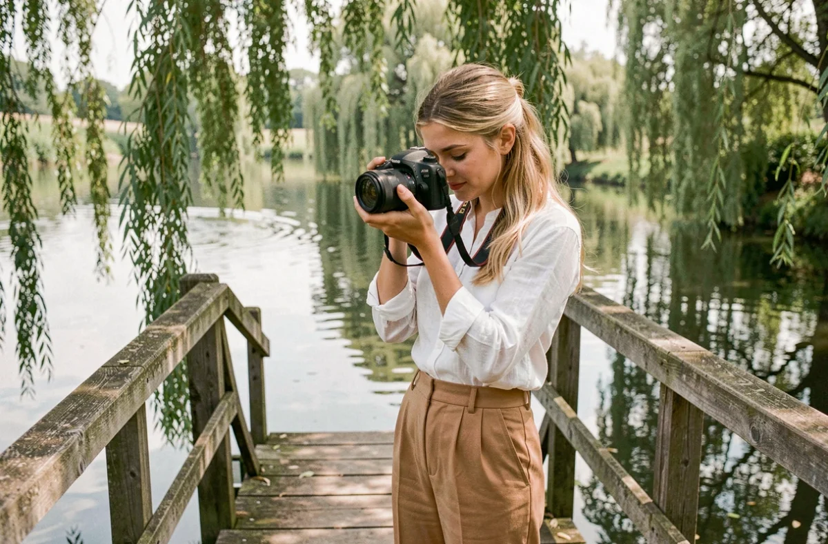 Jade Riffault, artiste photographe, réglant son appareil photo sur un pont en bois au-dessus d'une rivière de l'Oise