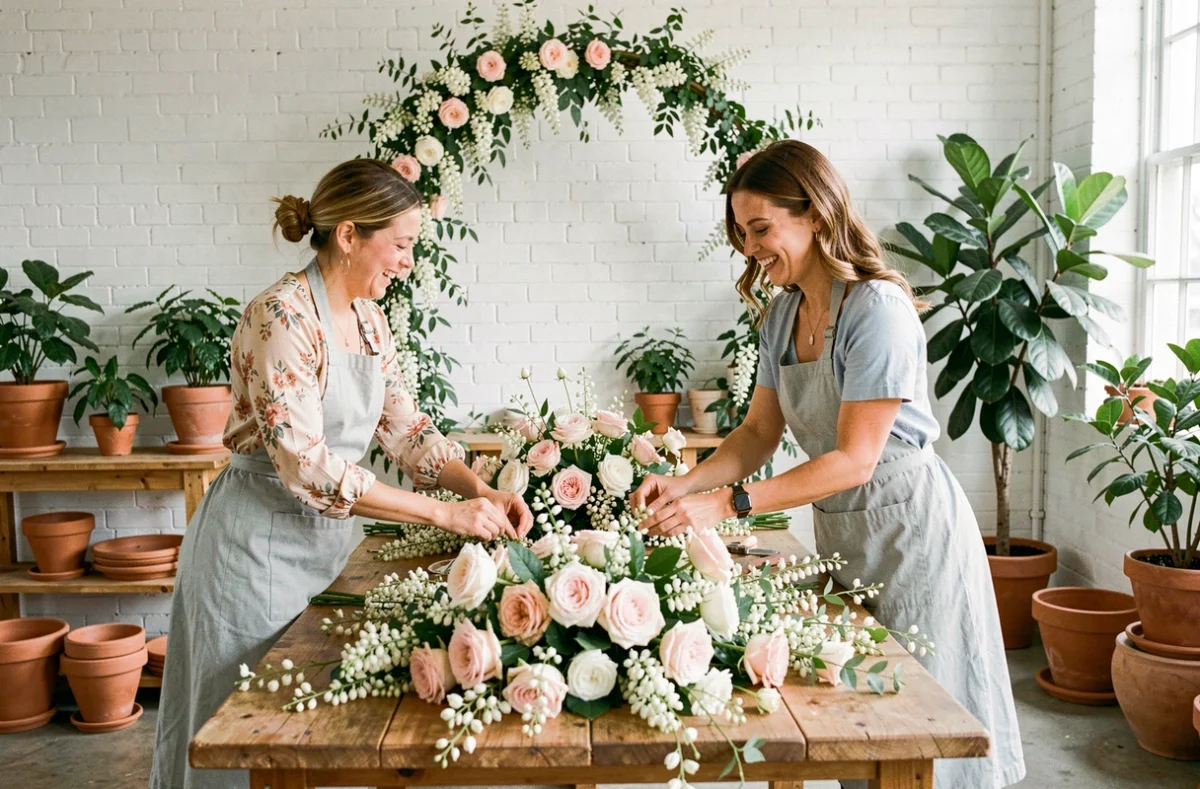 Deux fleuristes de Jasmin et Jasmine travaillant ensemble sur un arc floral de mariage avec jasmin et roses