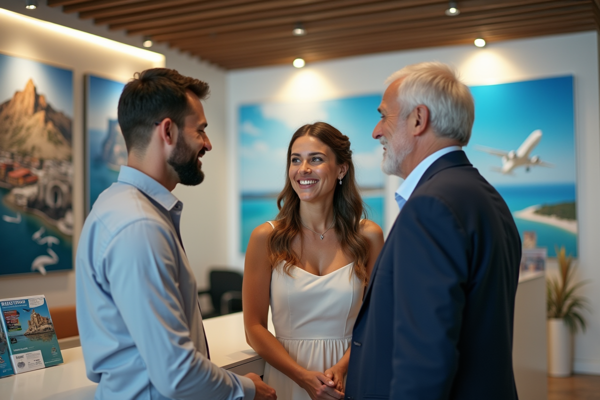 Jeune couple en agence de voyage avec un homme plus age