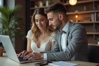 Jeune couple marié travaillant sur un site de mariage