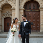 Jeune couple en mariage devant un hôtel de ville historique