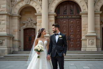 Jeune couple en mariage devant un hôtel de ville historique