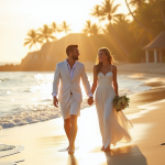 Jeune couple heureux main dans la main sur une plage tropicale