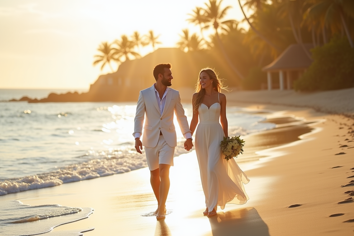 Jeune couple heureux main dans la main sur une plage tropicale