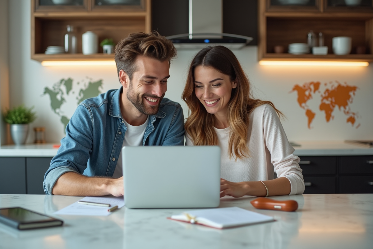 Jeune couple planifiant leur lune de miel à la cuisine moderne