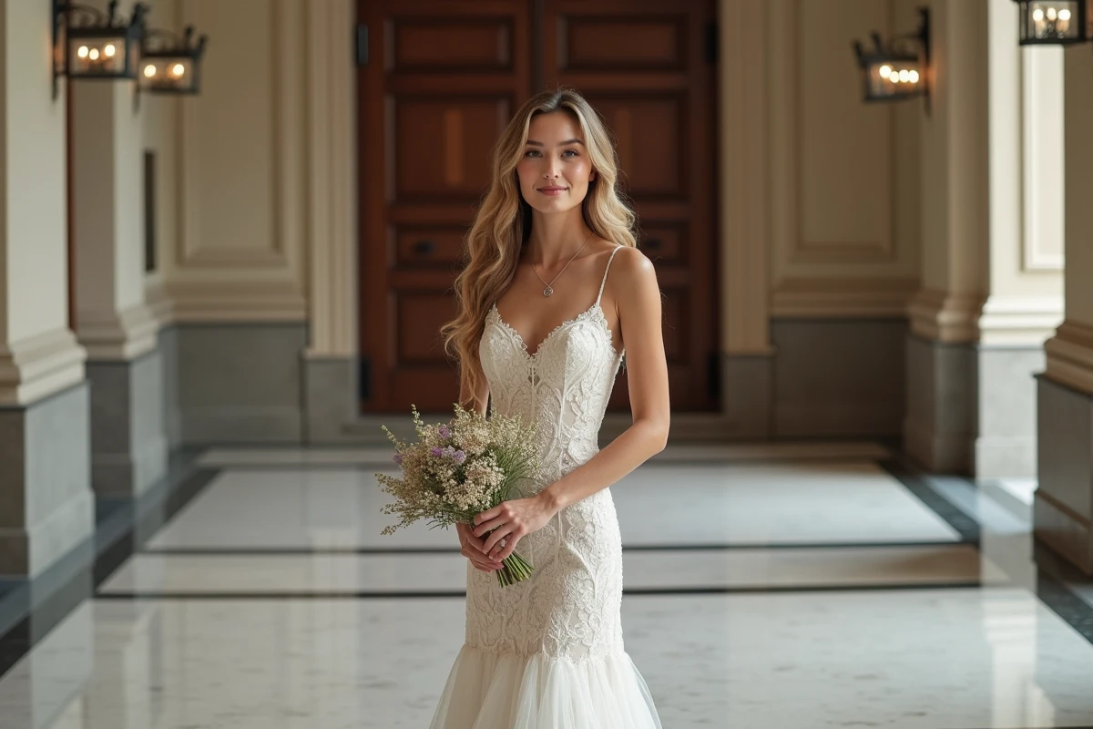 Jeune femme en robe de mariée bohème dans un hall de mairie