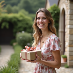 Jeune femme élégante avec cadeau de mariage devant chapelle