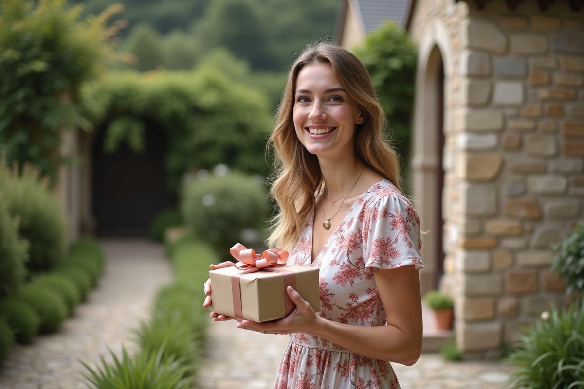 Jeune femme élégante avec cadeau de mariage devant chapelle