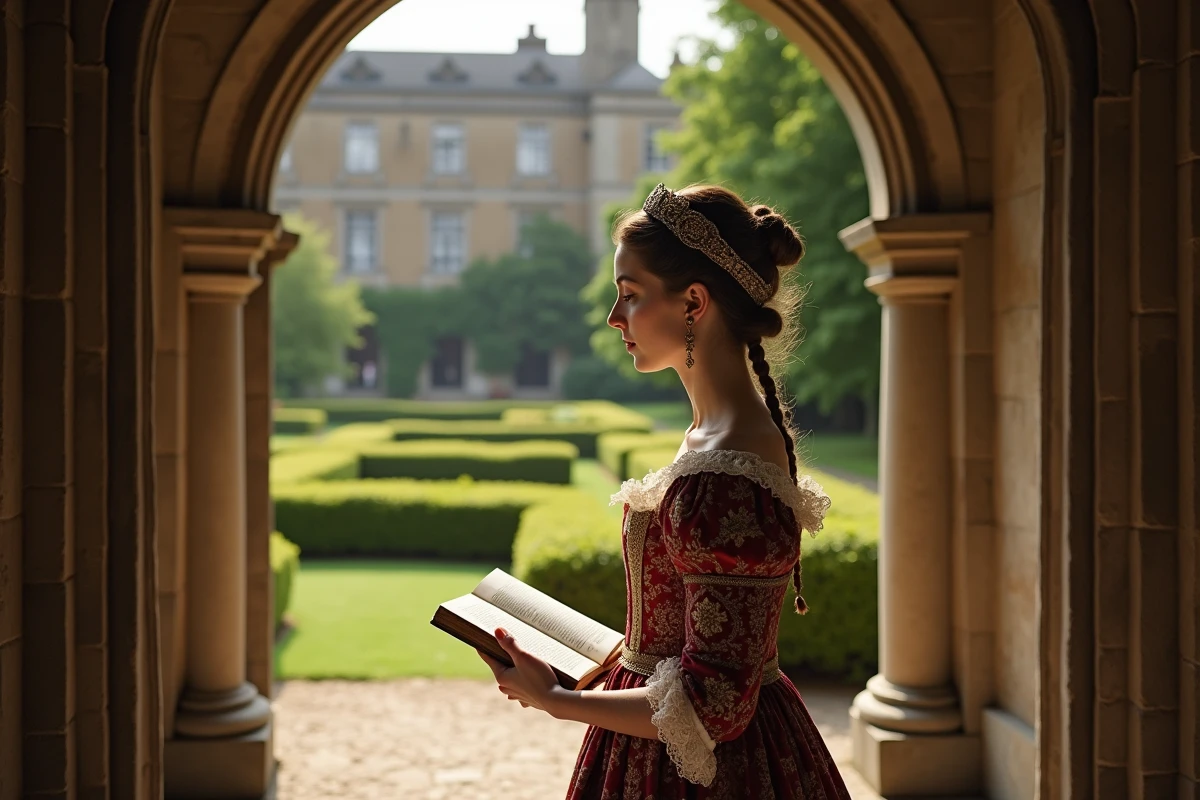Jeune femme noble anglaise dans un jardin historique avec arc en pierre