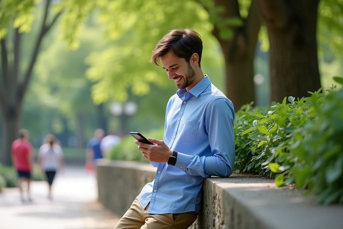 Jeune homme lisant un message dans un parc urbain verdoyant