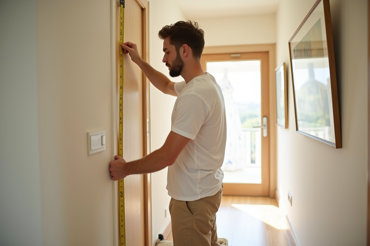 Jeune homme mesurant un mur dans un couloir lumineux