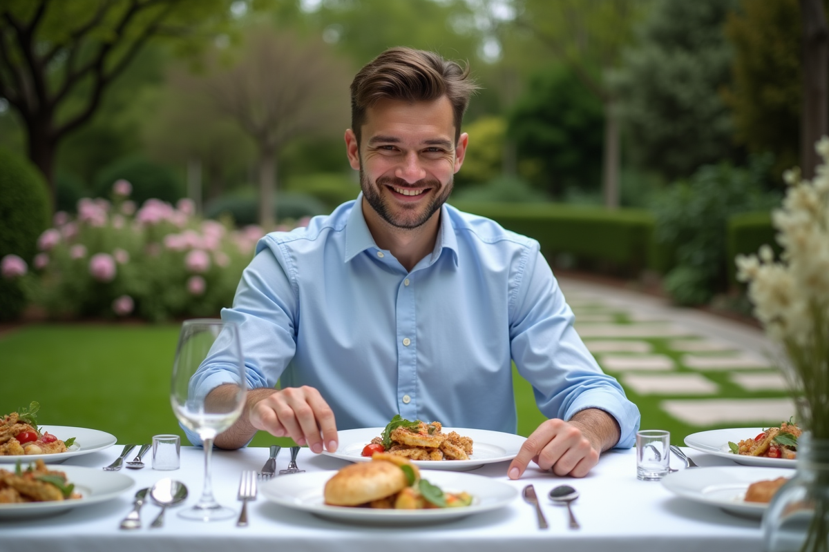 Jeune homme souriant ajustant une assiette de pain en extérieur