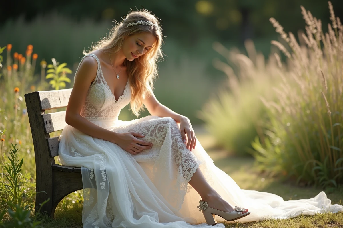 Jeune mariée en robe de mariage bohème dans un jardin