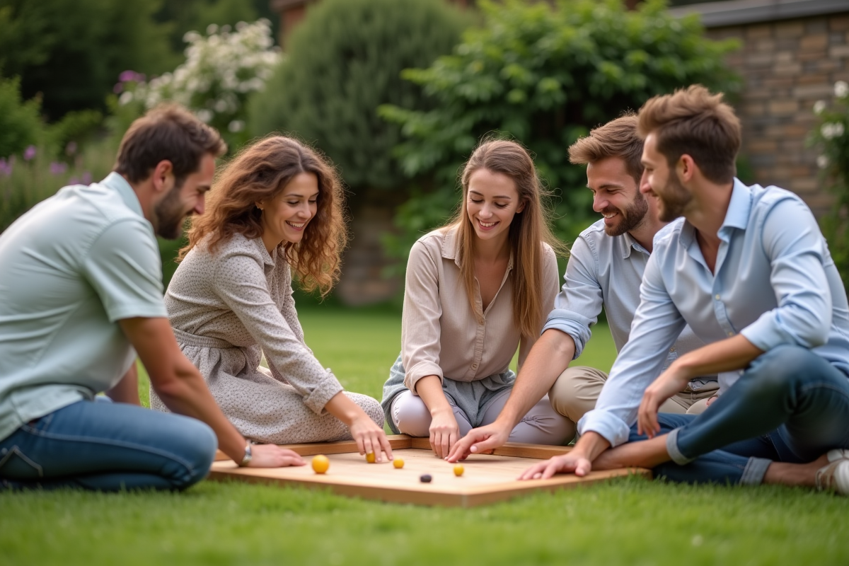 Groupe d amis jouant à un jeu dans un jardin