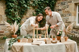 Table de jeux de lancer de bagues en bois décorée de pampa et d'eucalyptus lors d'une réception de mariage en extérieur