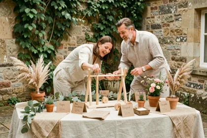 Table de jeux de lancer de bagues en bois décorée de pampa et d'eucalyptus lors d'une réception de mariage en extérieur